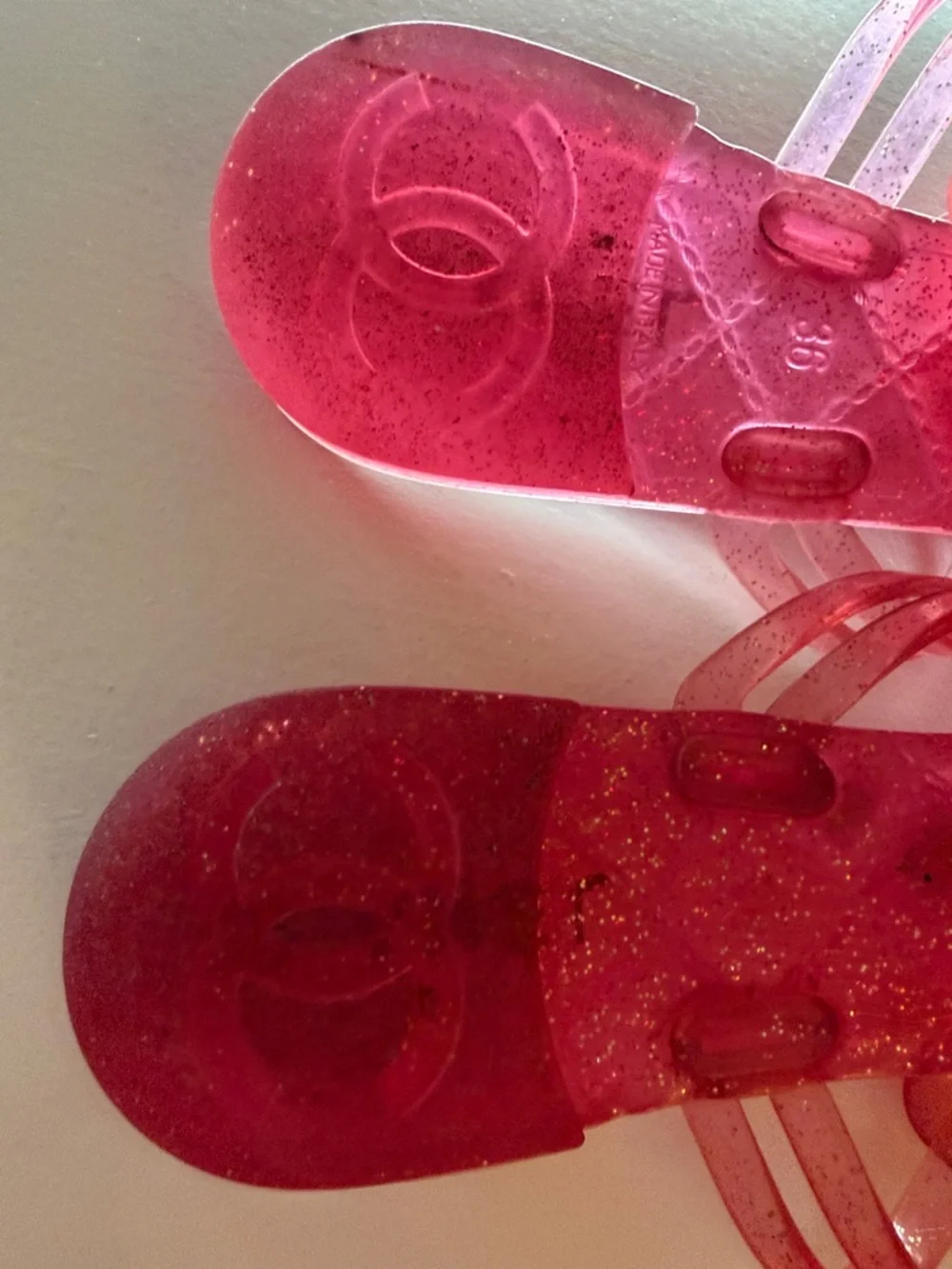 CHANEL Pink Jelly Camellia Slide Sandals with Gold CC Accents